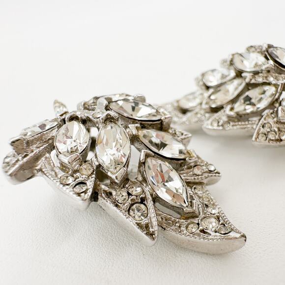 Vintage Bellini Earrings Signed Crystal Rhinestone Leaf Spray Silver Tone - Picture 5 of 12